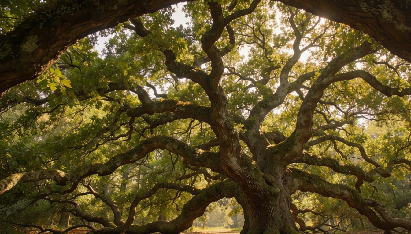 Mature oak canopy over a residential property in Kent, Ohio