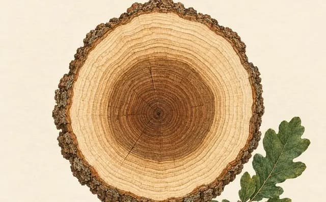 Watercolor oak cross-section with growth rings and an acorn