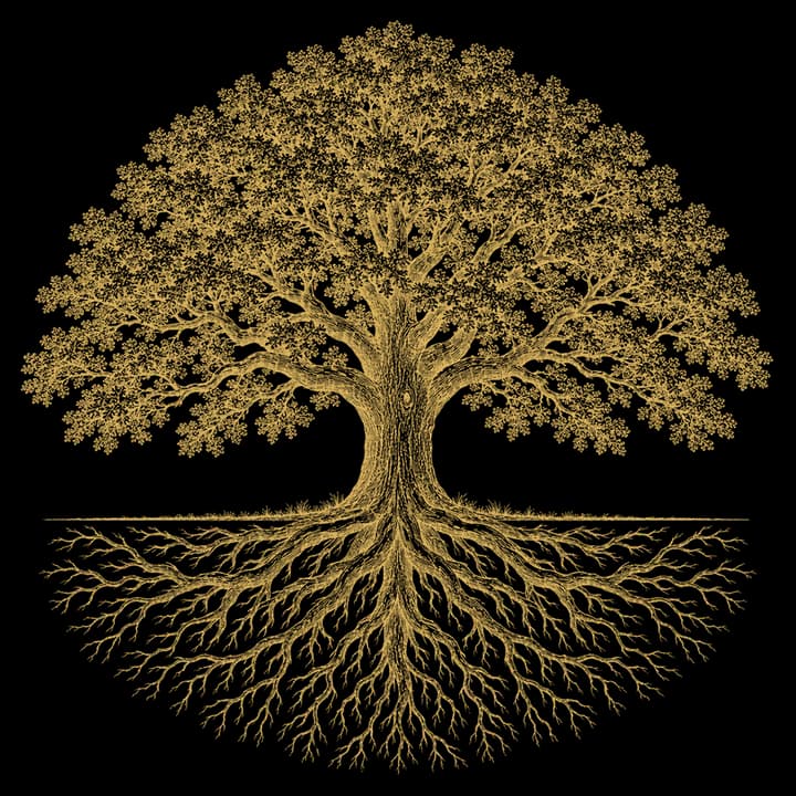 Engraved illustration of an oak tree and its full root system, in gold