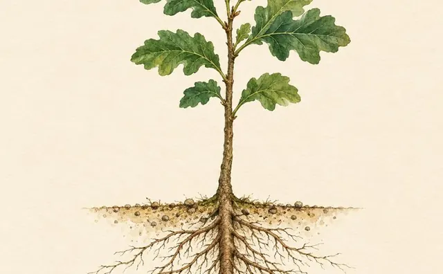 Watercolor oak sapling with its taproot