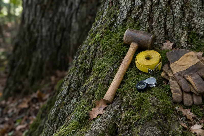 An arborist's field kit laid out before a tree assessment